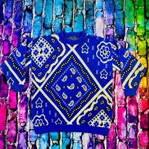Vtg 80s Traffic Jam Blue  Bandana Sweater USA Made Womens Large cut tag